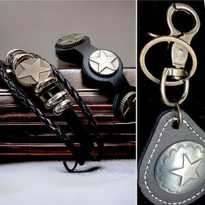 For Him l 3-piece Leather Accessories Set l Bracelets / Bag Charm-Key Ring l New